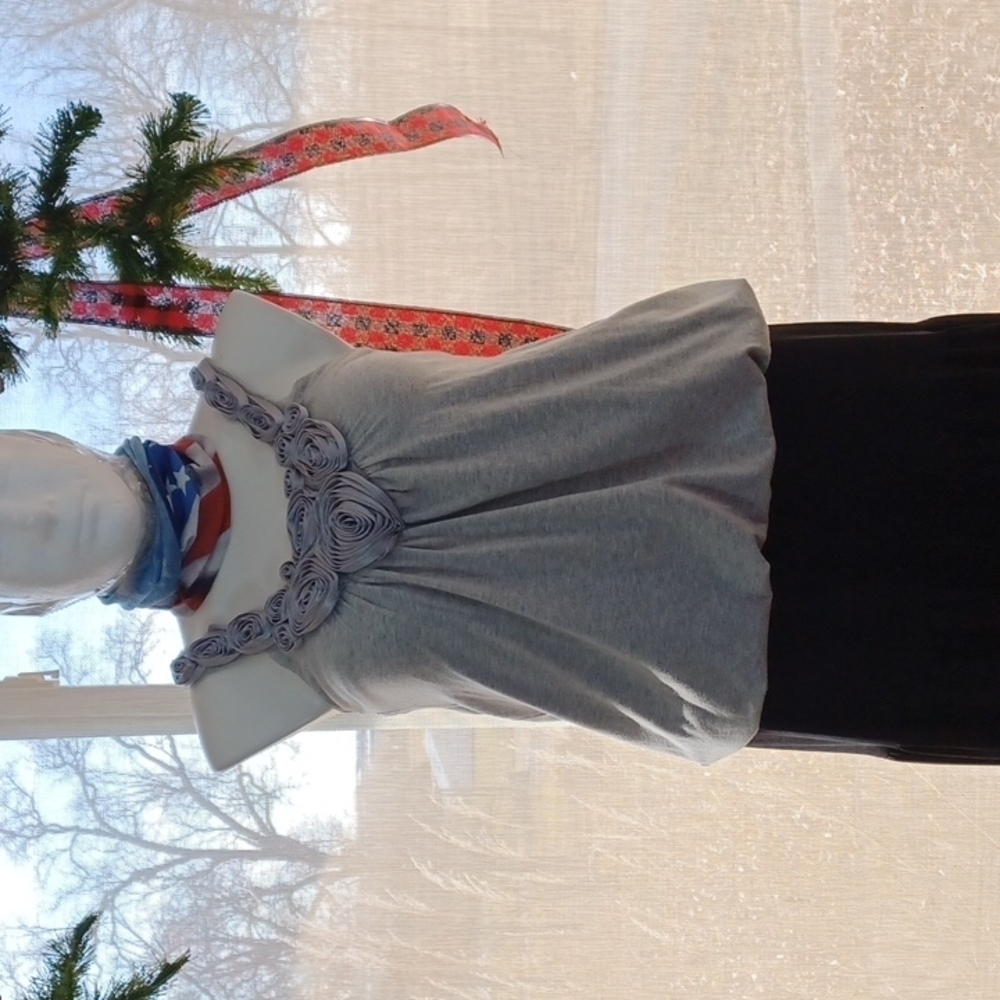 Cato womens top size XS IN A BEAUTIFUL light gray with raised flowers